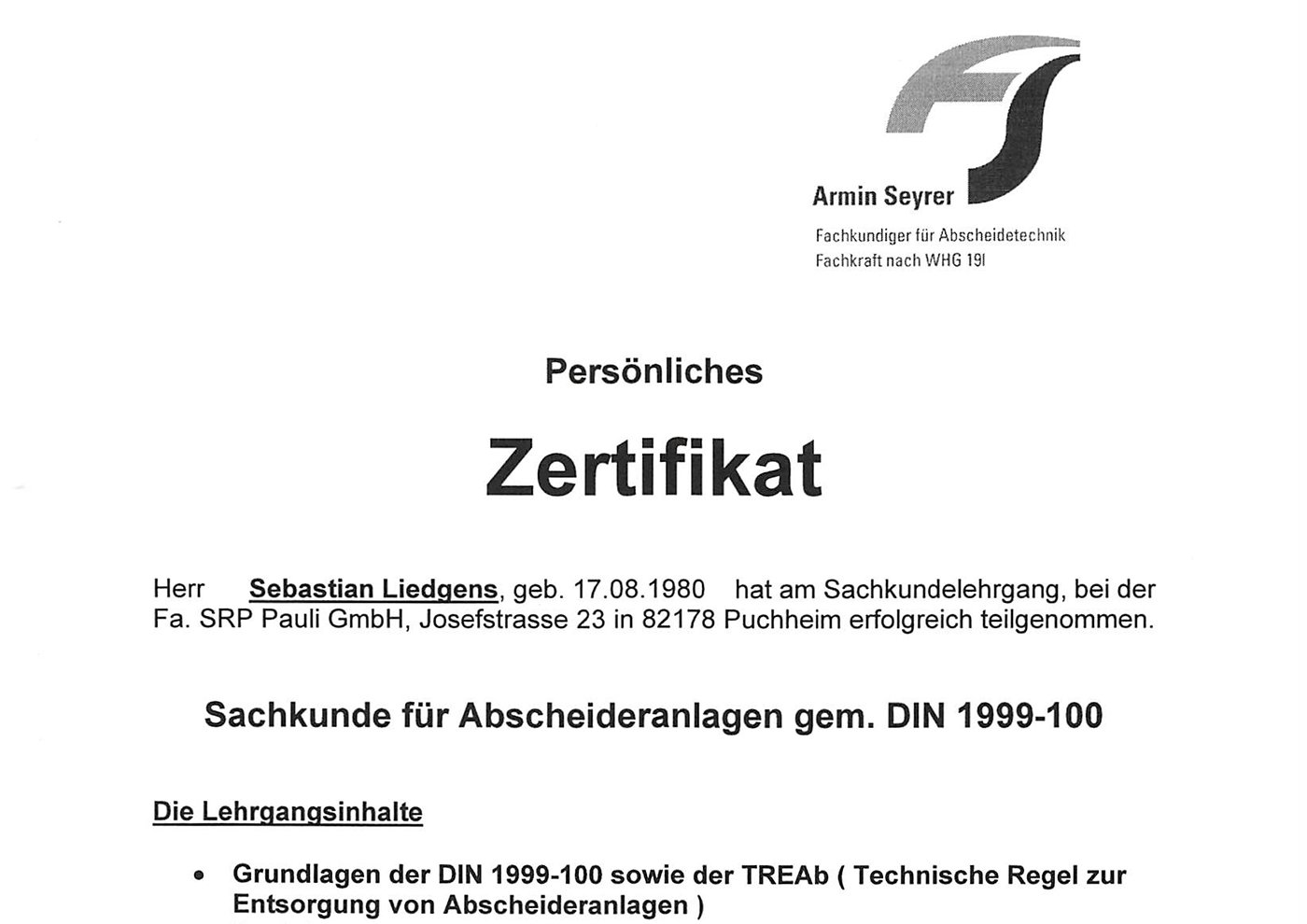 Vorschau Zertifikat - Kanalsanierung Liedgens Olching